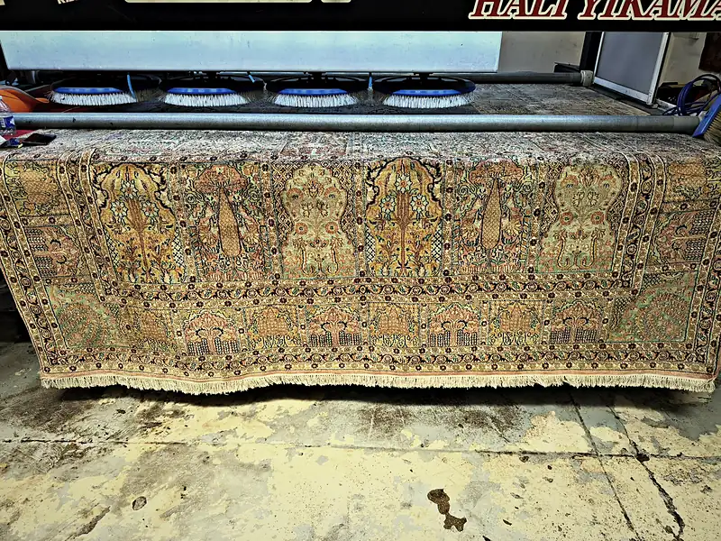 Grand tapis persan passant sous les brosses de l’atelier.