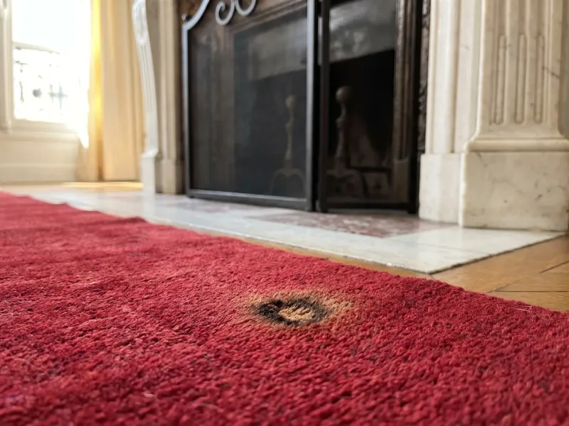 Petite marque de brûlure brune sur le velours rouge d’un tapis d’Orient, devant une cheminée de marbre blanc (illustration)
