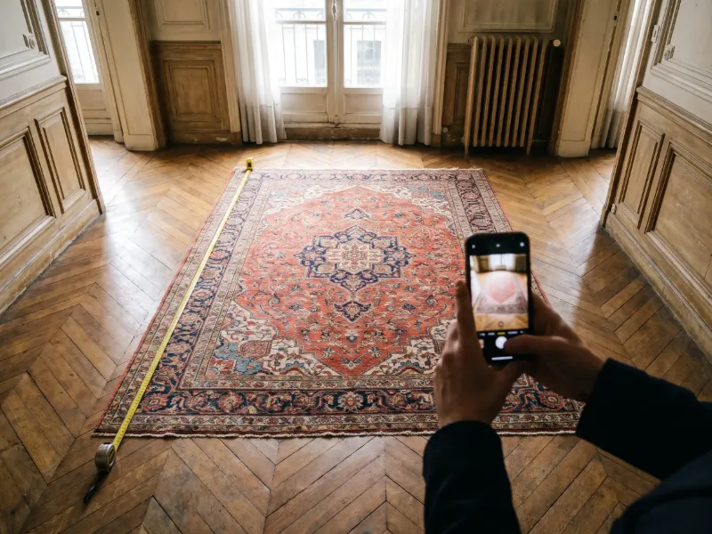 Mains tenant un téléphone au-dessus d’un tapis persan posé à plat sur un parquet à chevrons, un mètre ruban le long du bord (illustration)